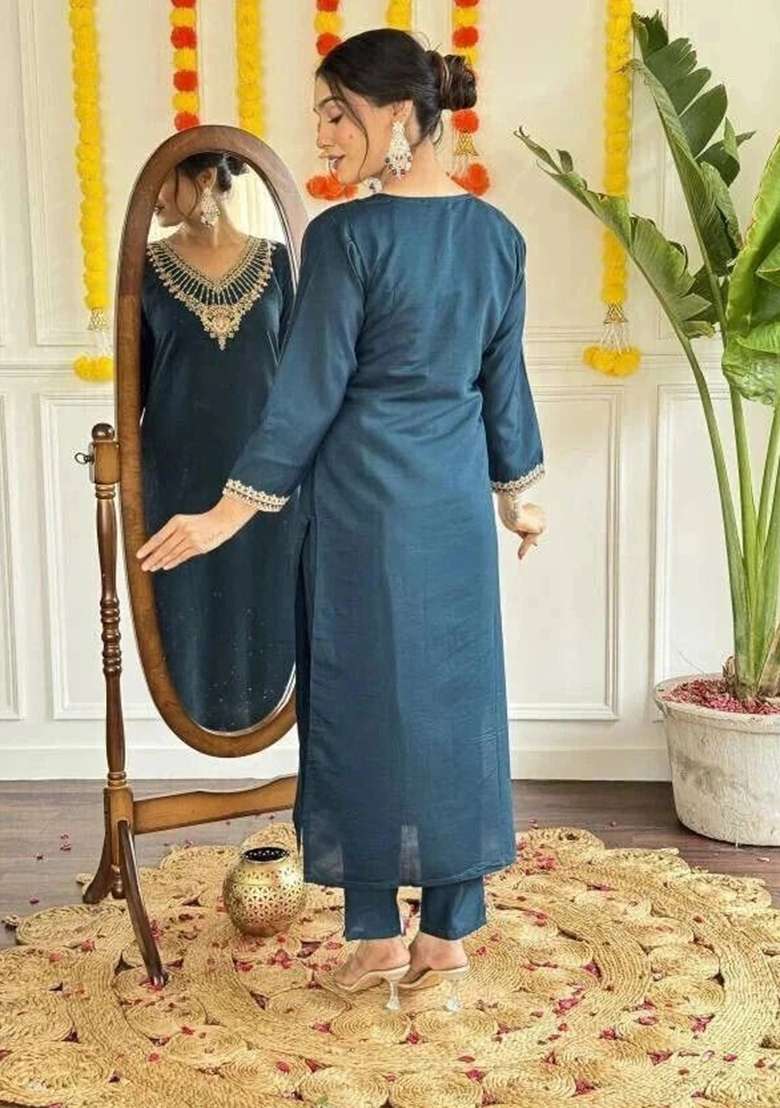 Dark Blue Embroidery Viscose Kurta Set - Indya