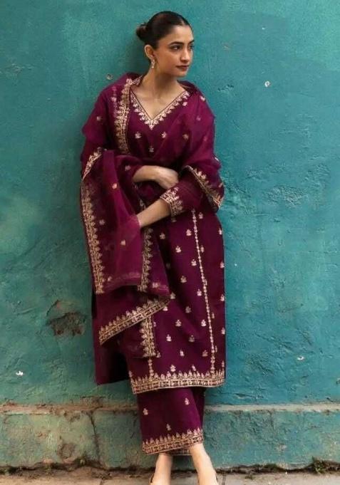 Pink Embroidery Silk Kurta Set