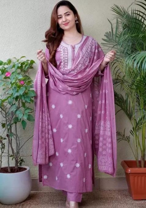 Purple Embroidery Viscose Kurta Set