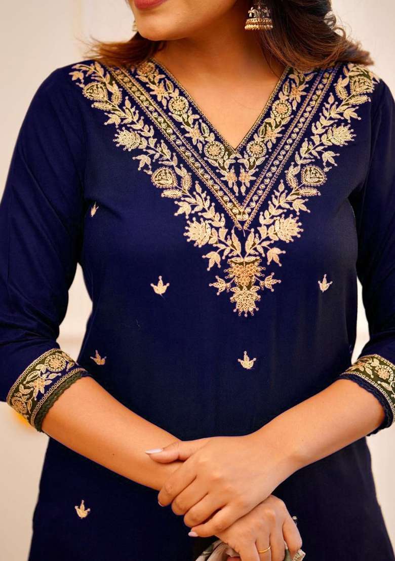 Blue Embroidery Viscose Kurta Set - Indya