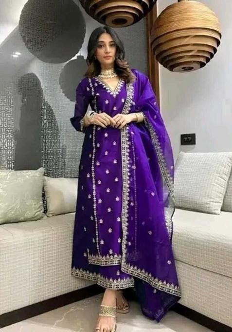 Purple Embroidery Silk Kurta Set