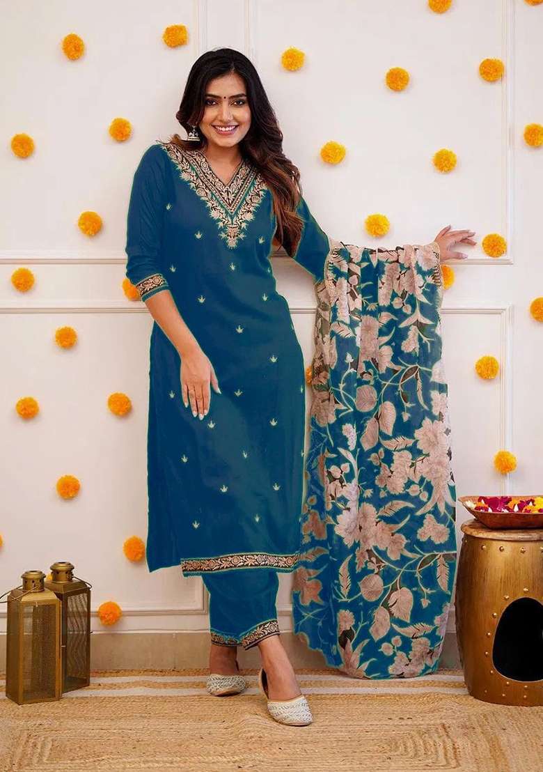 Dark Blue Embroidery Viscose Kurta Set - Indya