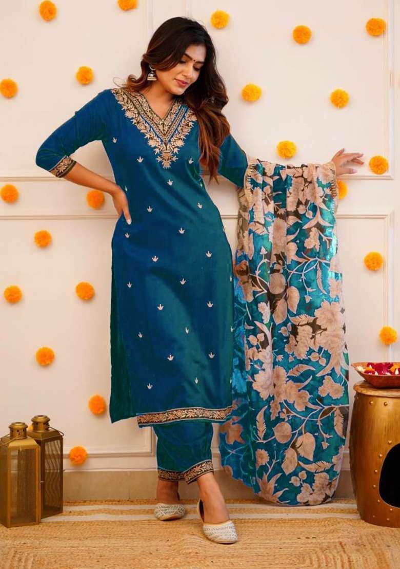 Dark Blue Embroidery Viscose Kurta Set - Indya