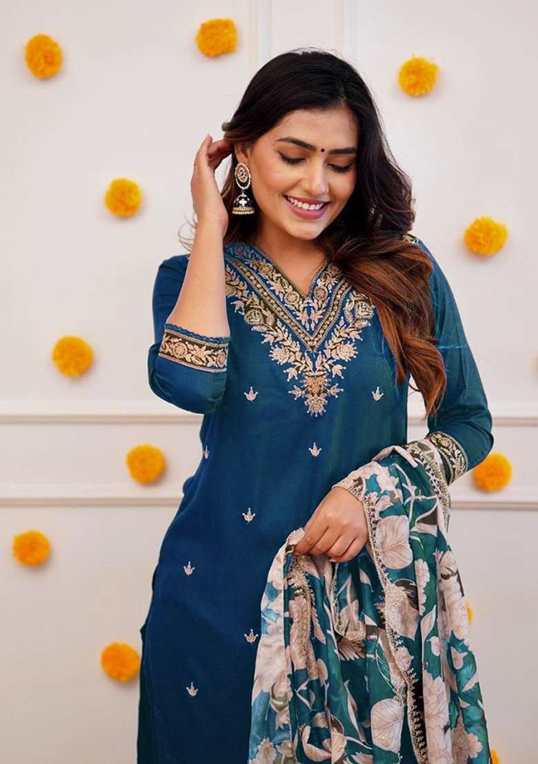 Dark Blue Embroidery Viscose Kurta Set - Indya