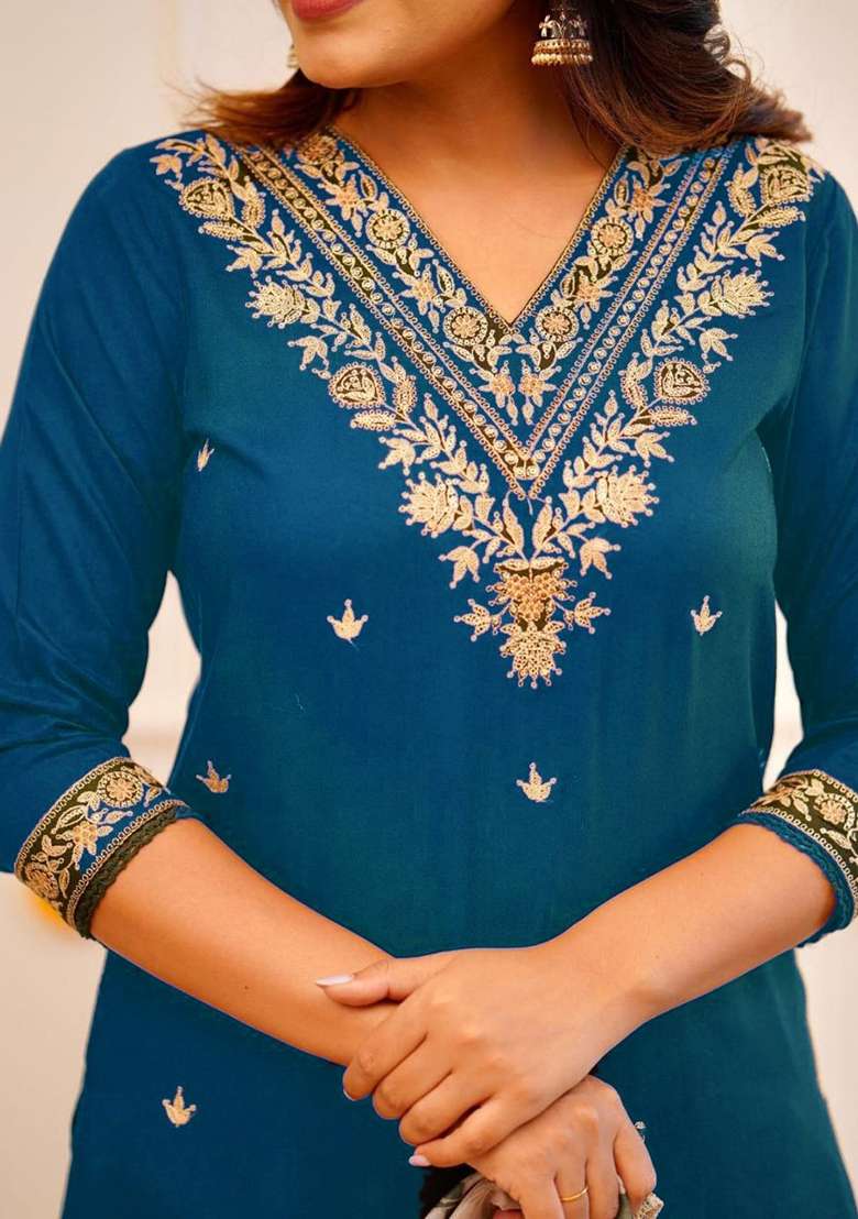 Dark Blue Embroidery Viscose Kurta Set - Indya