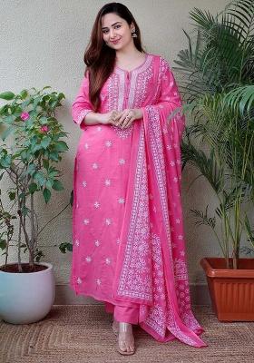 Pink Embroidery Viscose Kurta Set