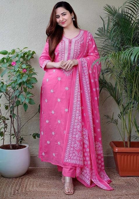 Pink Embroidery Viscose Kurta Set