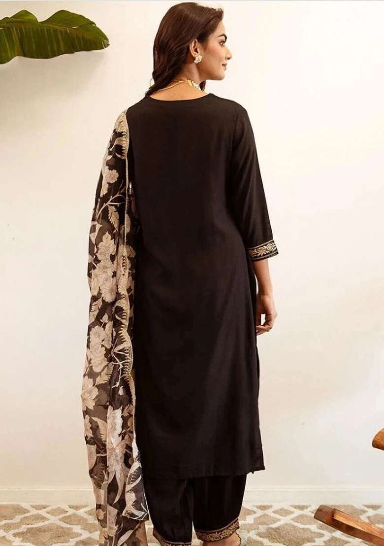 Black Embroidery Viscose Kurta Set - Indya