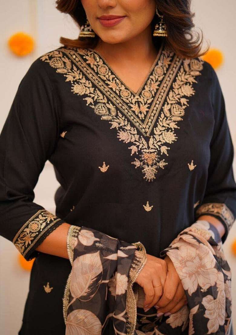 Black Embroidery Viscose Kurta Set - Indya