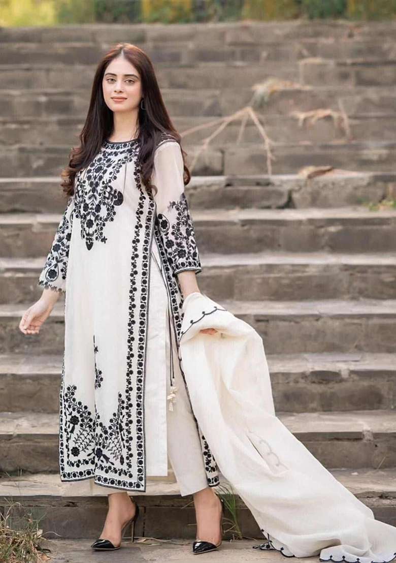 White Embroidery Georgette Kurta Set - Indya