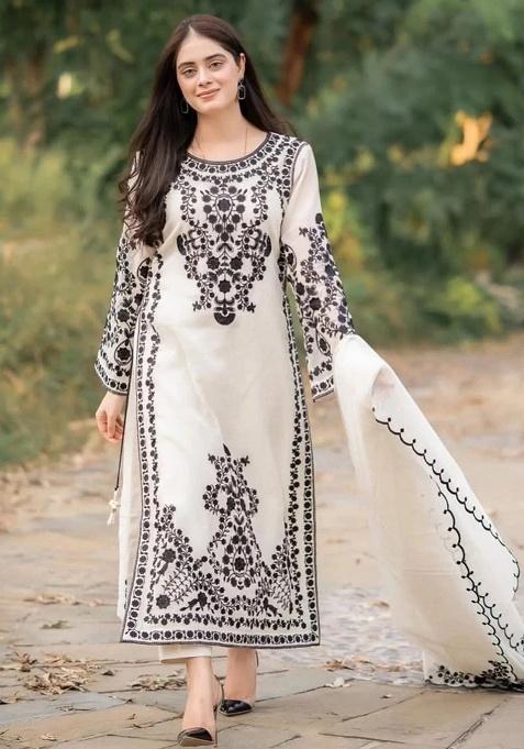 White Embroidery Georgette Kurta Set