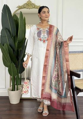 White Embroidery Viscose Kurta Set