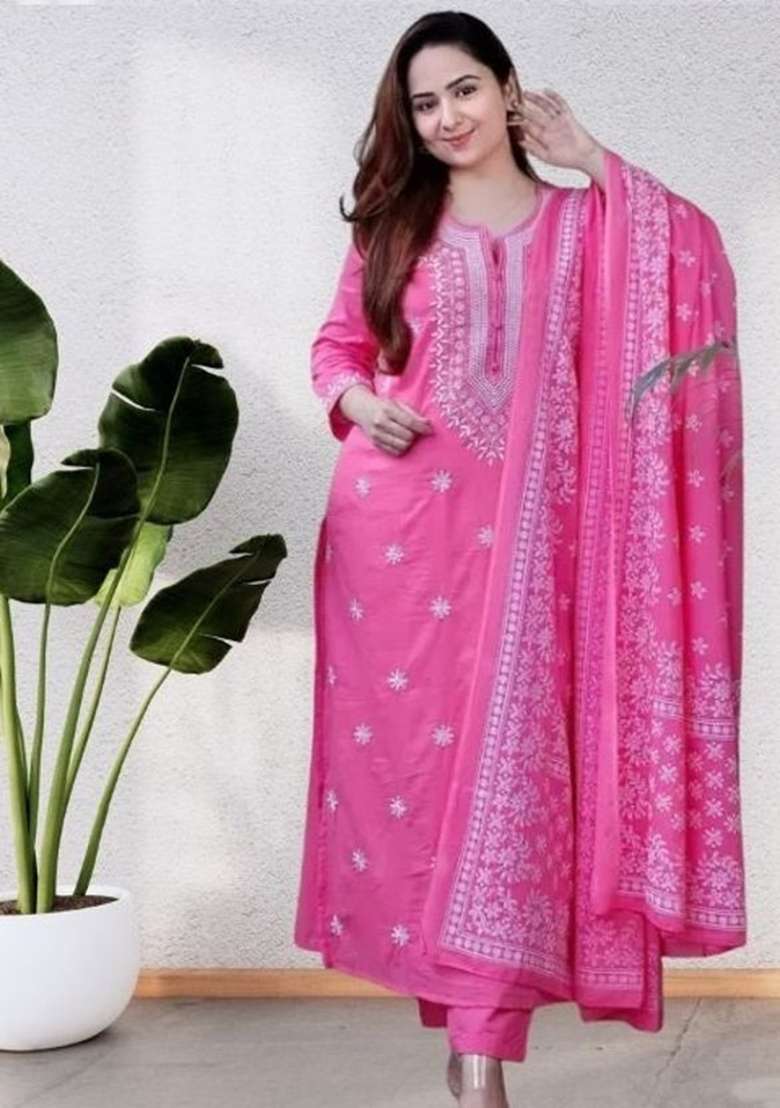 Pink Embroidery Viscose Kurta Set - Indya