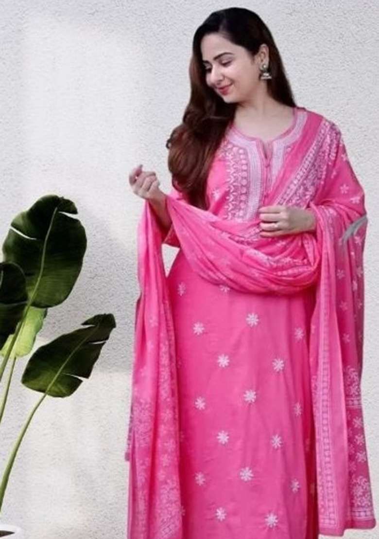 Pink Embroidery Viscose Kurta Set - Indya