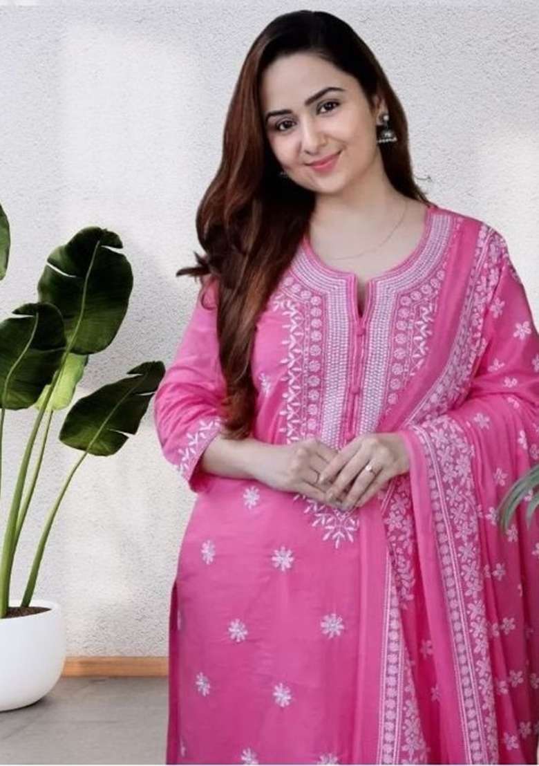 Pink Embroidery Viscose Kurta Set - Indya