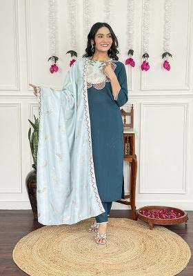 Blue Embroidery Silk Kurta Set