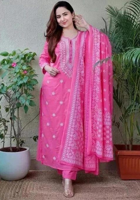 Pink Embroidery Viscose Kurta Set
