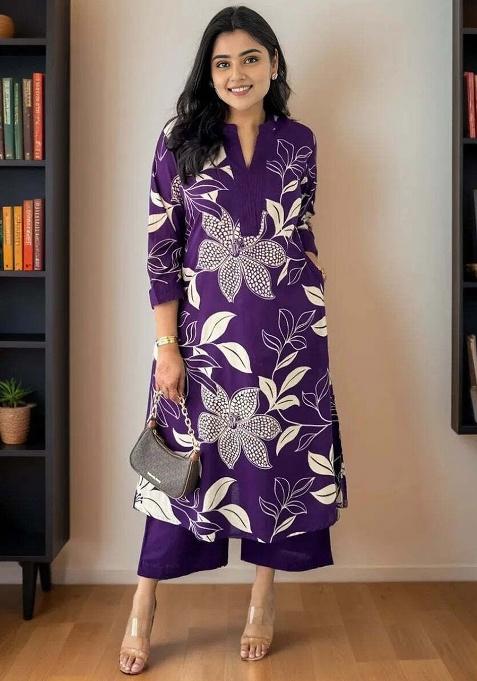 Purple Embroidery Viscose Kurta Set