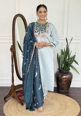 Light Blue Embroidery Silk Kurta Set