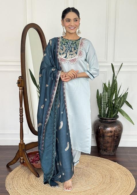 Light Blue Embroidery Silk Kurta Set