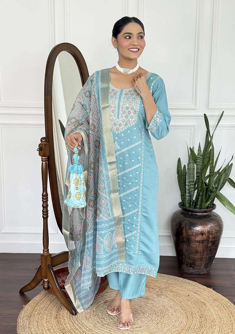 Light Blue Embroidery Silk Kurta Set - Indya