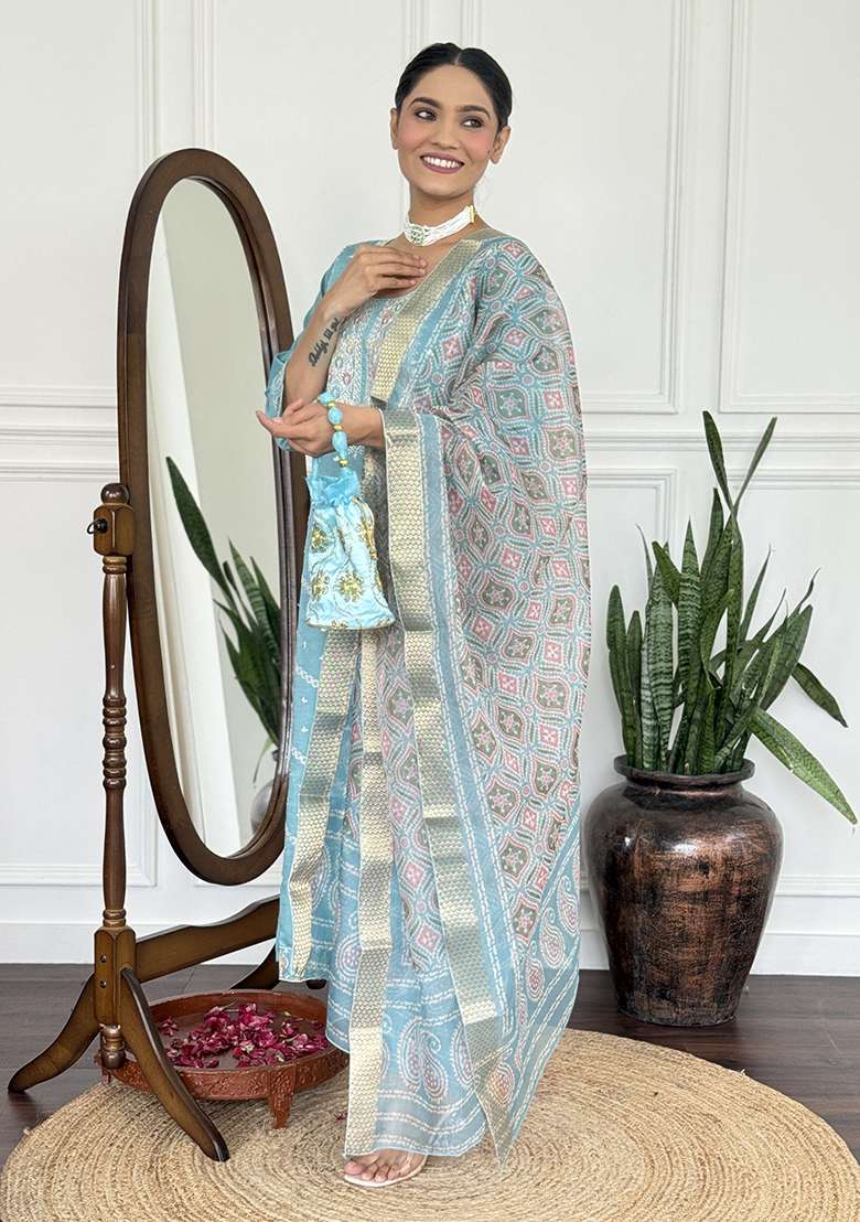 Light Blue Embroidery Silk Kurta Set - Indya