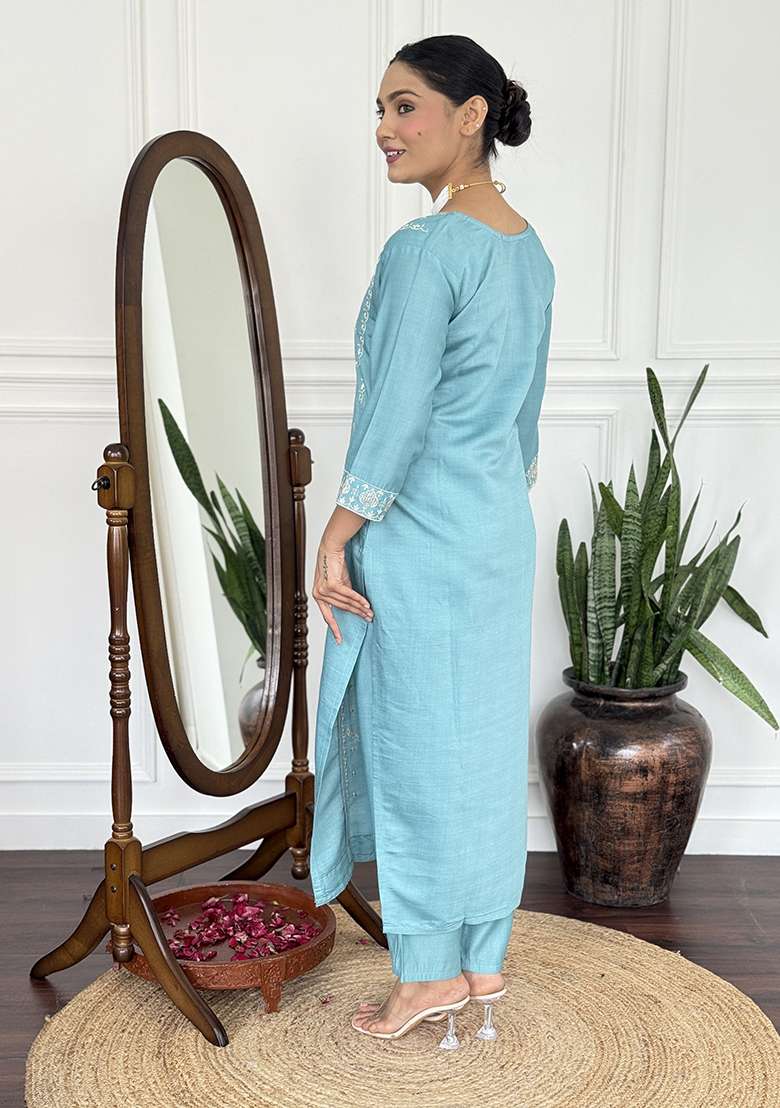 Light Blue Embroidery Silk Kurta Set - Indya