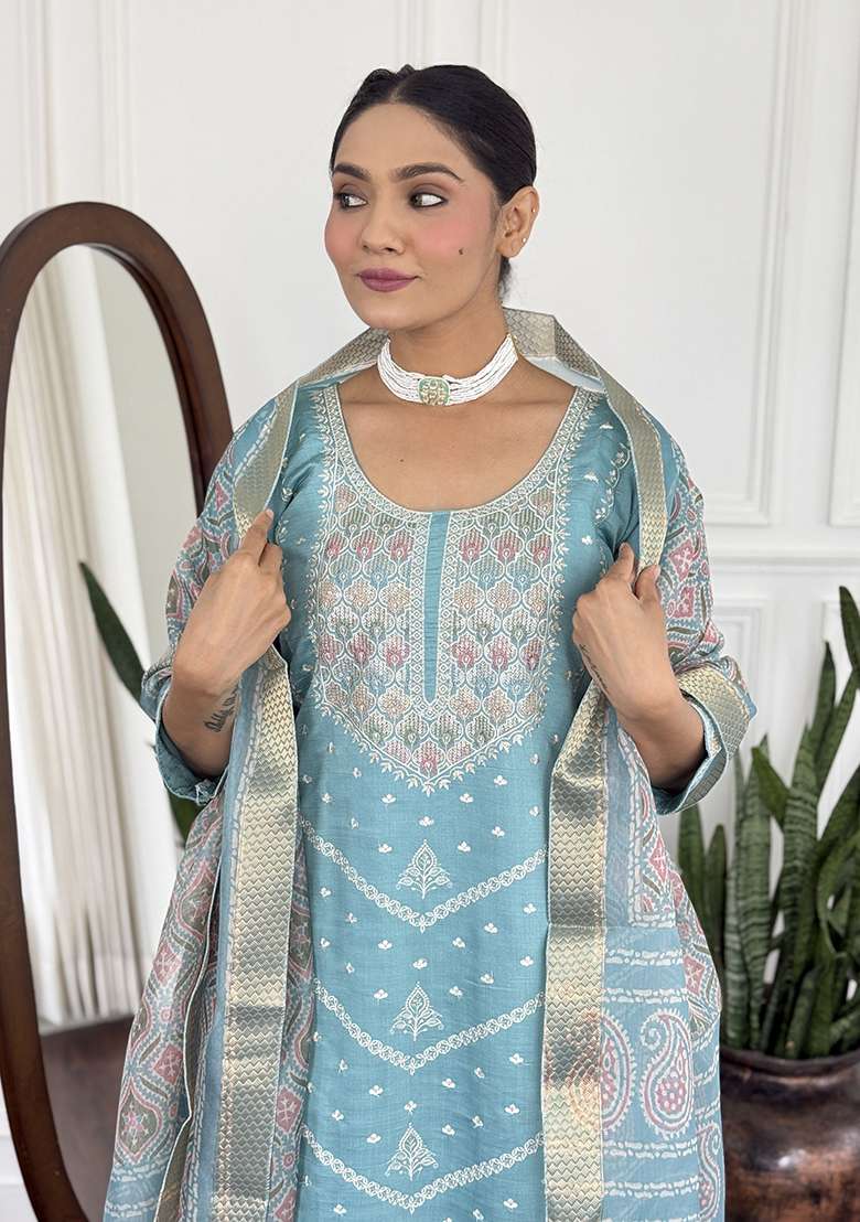 Light Blue Embroidery Silk Kurta Set - Indya