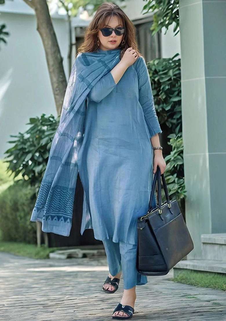 Blue Embroidery Viscose Kurta Set - Indya