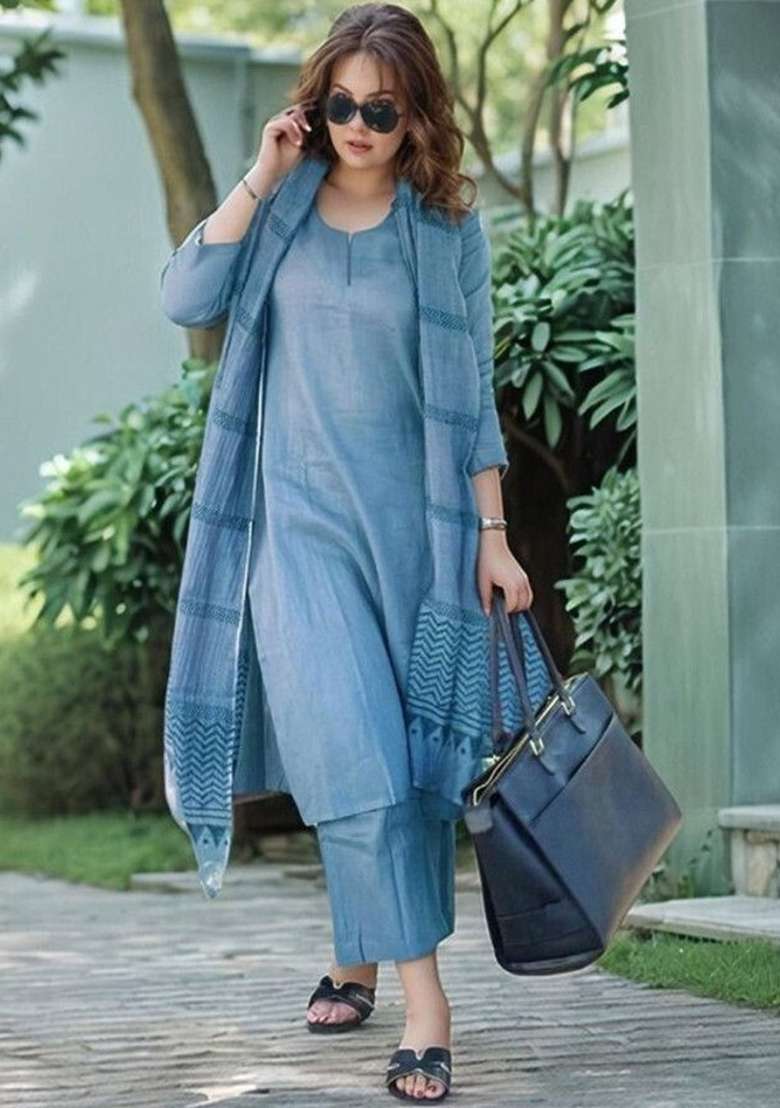 Blue Embroidery Viscose Kurta Set - Indya