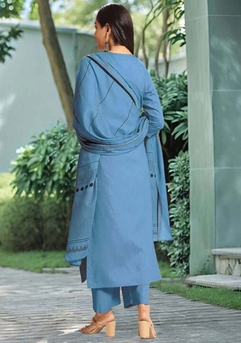 Blue Embroidery Viscose Kurta Set - Indya