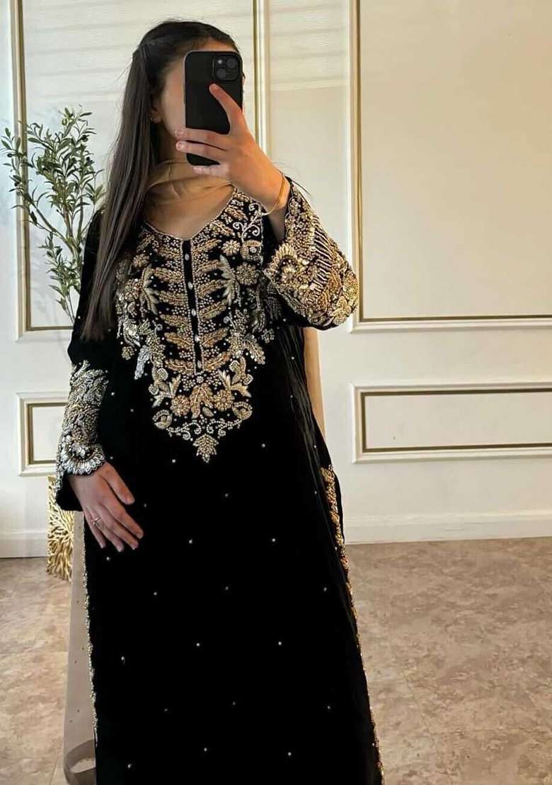Black Embroidery Georgette Kurta Set - Indya