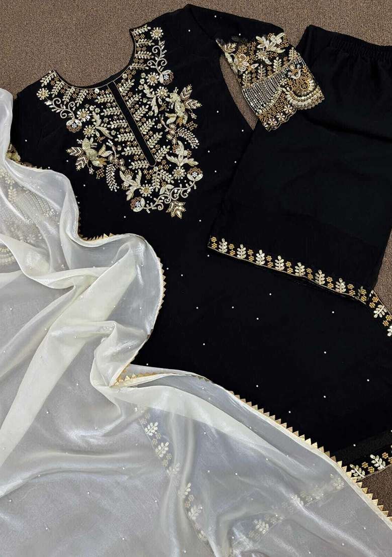 Black Embroidery Georgette Kurta Set - Indya