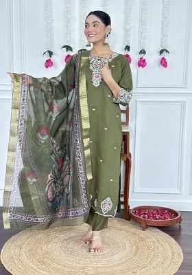 Green Embroidery Silk Kurta Set