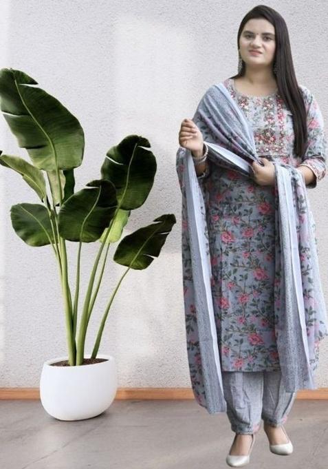 Grey Embroidery Rayon Kurta Set