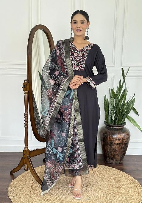 Black Embroidery Viscose Kurta Set