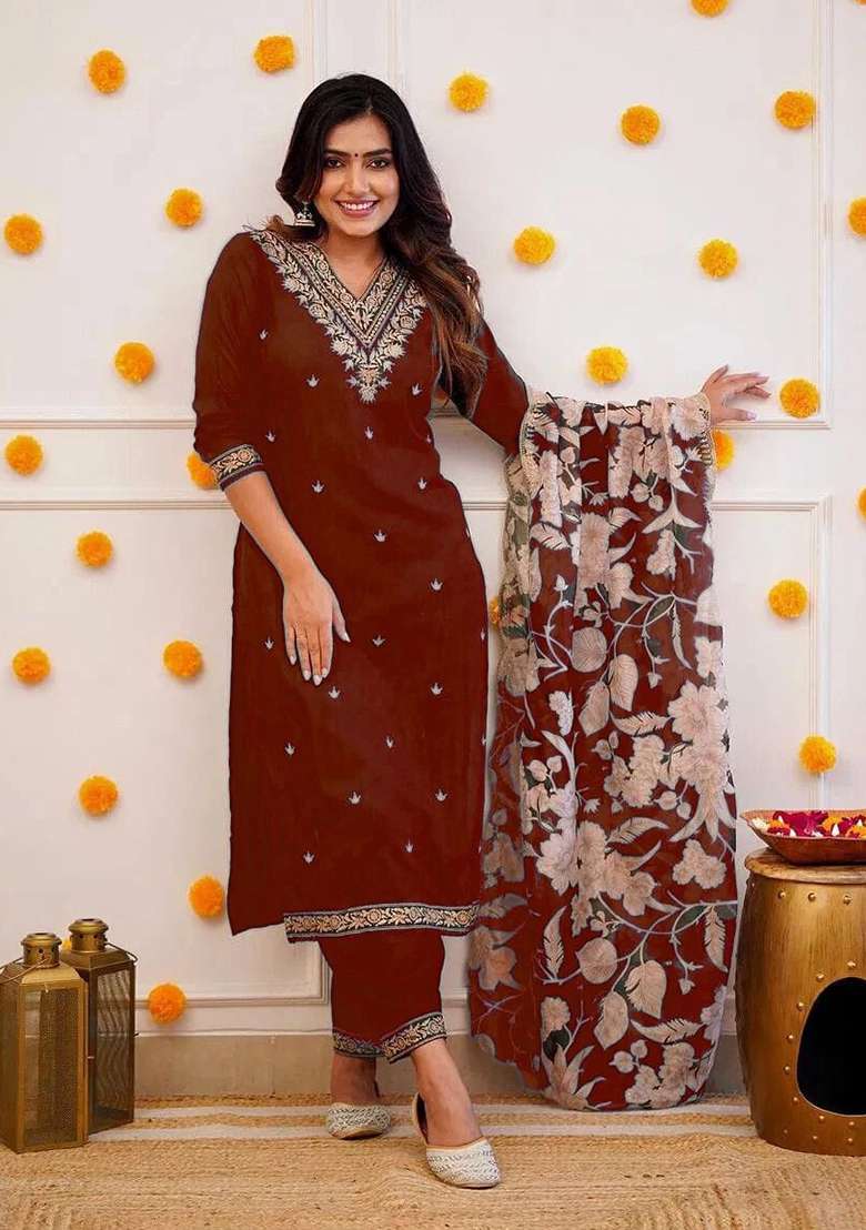 Maroon Embroidery Viscose Kurta Set - Indya