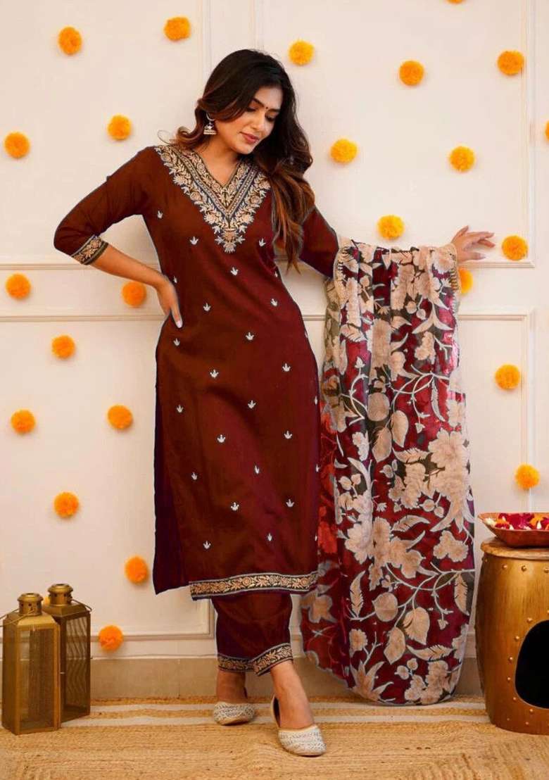 Maroon Embroidery Viscose Kurta Set - Indya