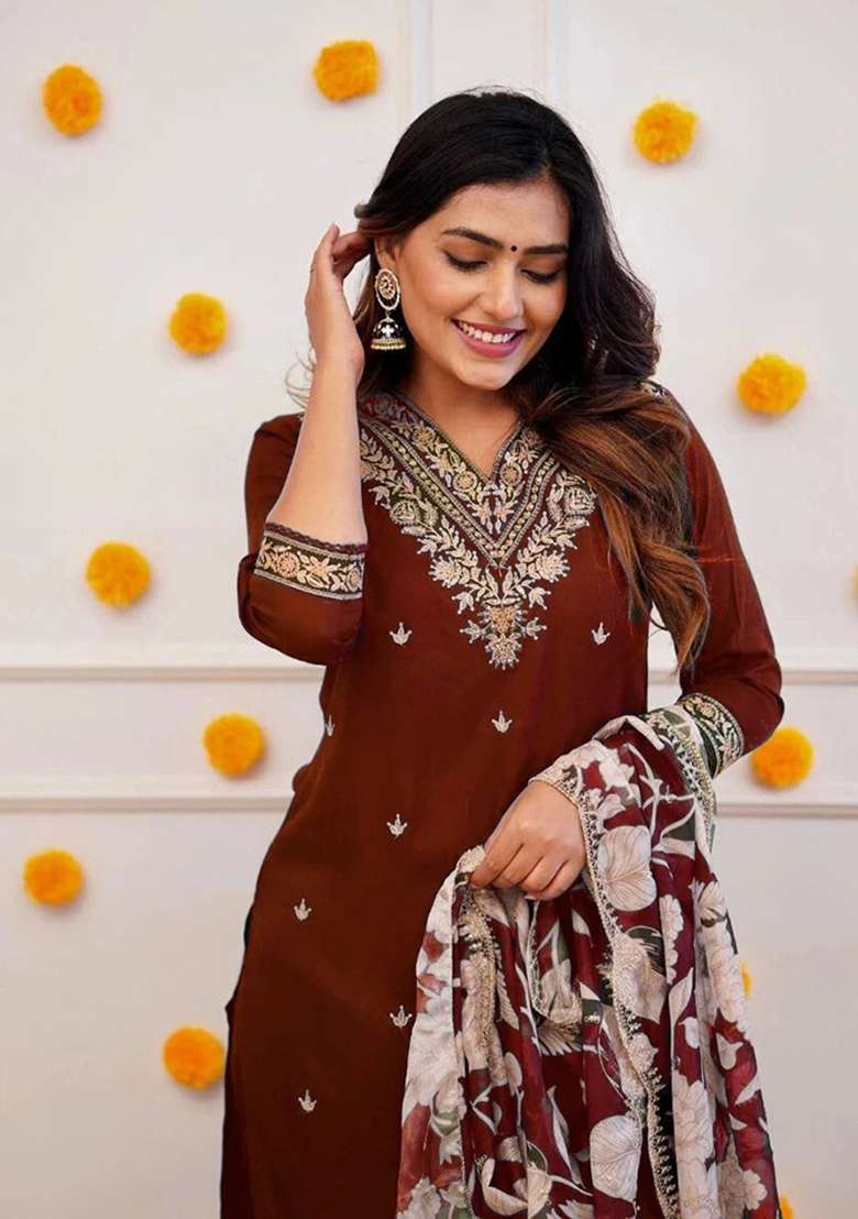 Maroon Embroidery Viscose Kurta Set - Indya