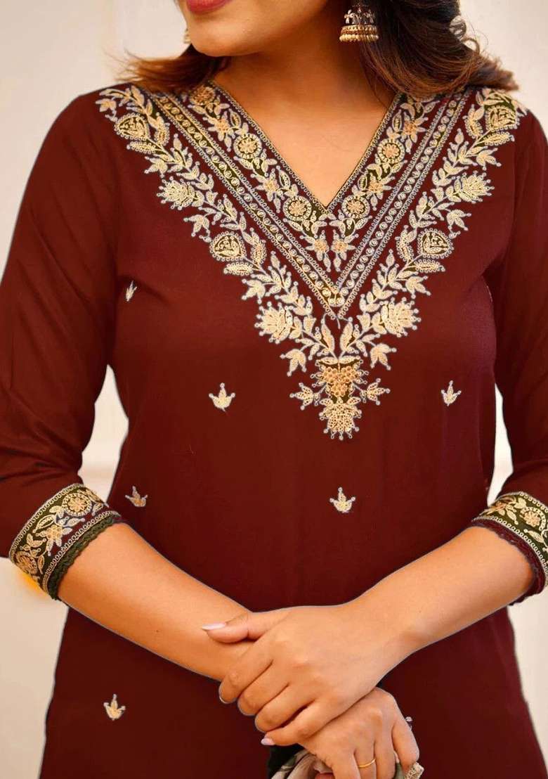 Maroon Embroidery Viscose Kurta Set - Indya