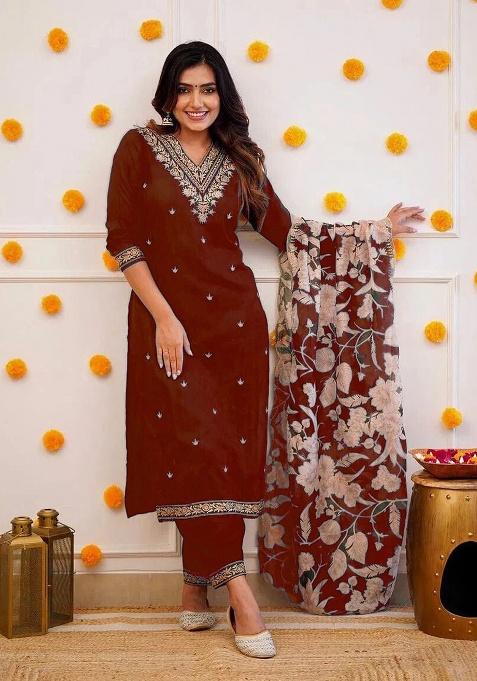 Maroon Embroidery Viscose Kurta Set