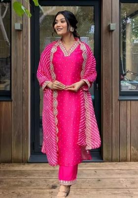 Pink Embroidery Viscose Kurta Set