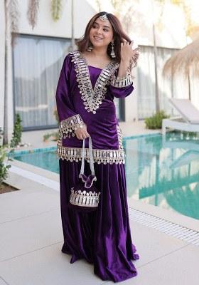 Purple Embroidery Velvet Kurta Set
