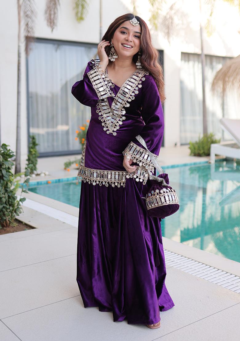Purple Embroidery Velvet Kurta Set - Indya