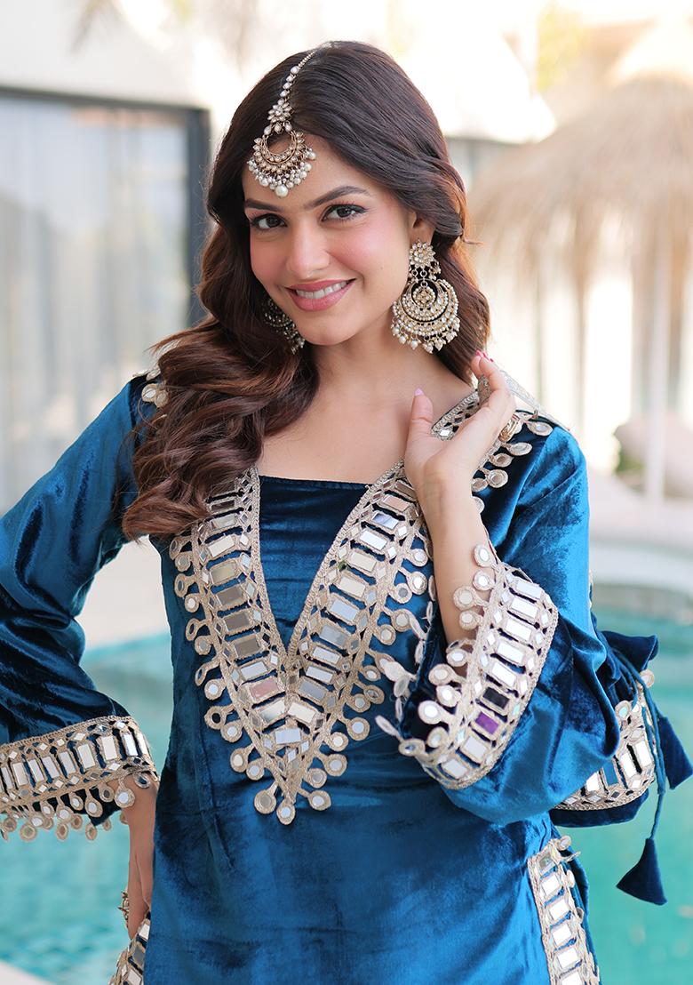 Rama Embroidery Velvet Kurta Set - Indya