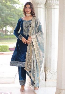 Blue Embroidery Velvet Kurta Set