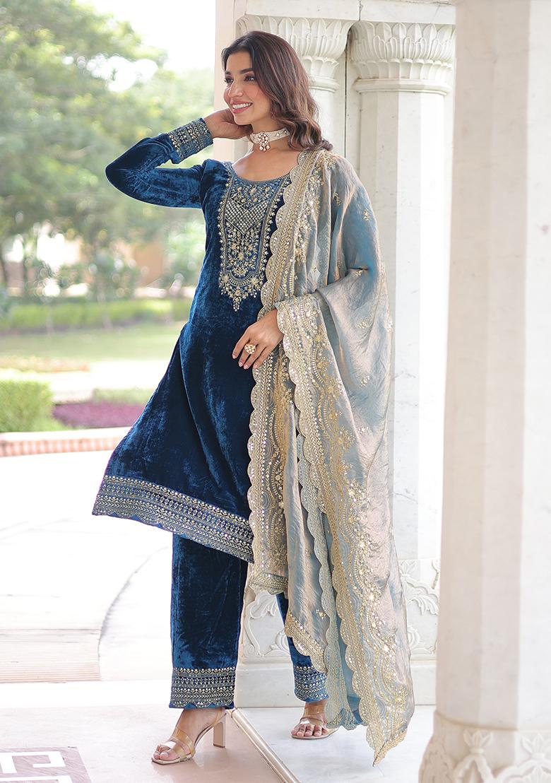 Blue Embroidery Velvet Kurta Set - Indya