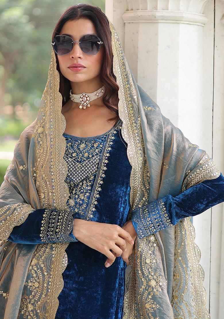 Blue Embroidery Velvet Kurta Set - Indya