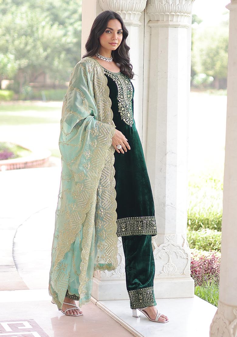 Green Embroidery Velvet Kurta Set - Indya