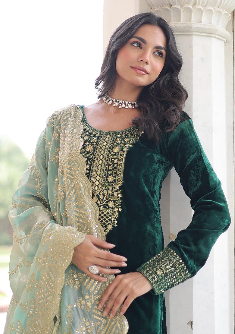 Green Embroidery Velvet Kurta Set - Indya